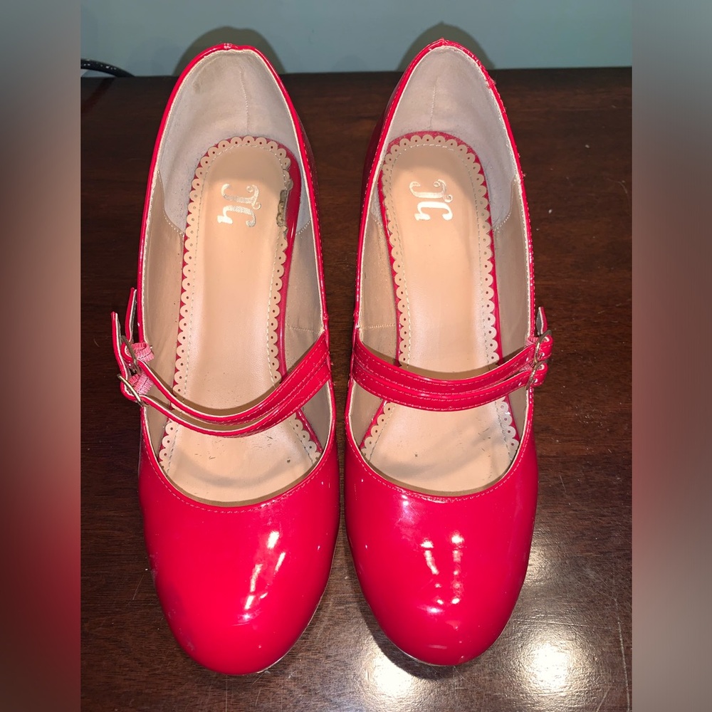 Ruby red patent Mary Jane style.  So fun for that pop of color